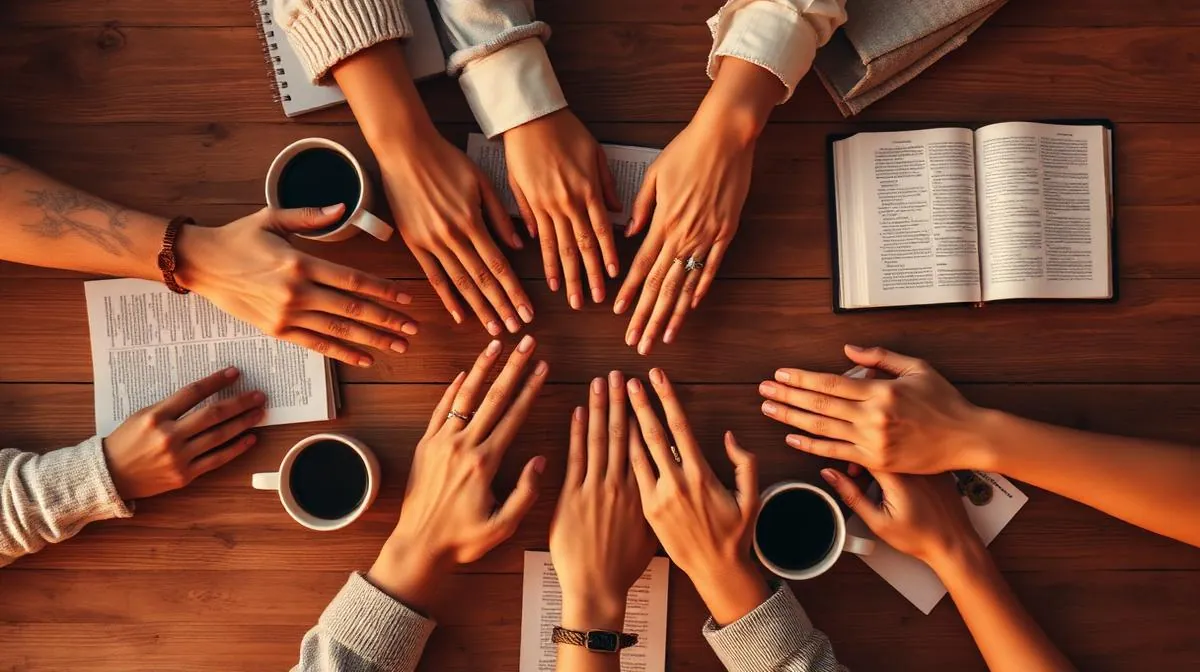 Diverse hands reaching together over a wooden table with coffee and notebooks